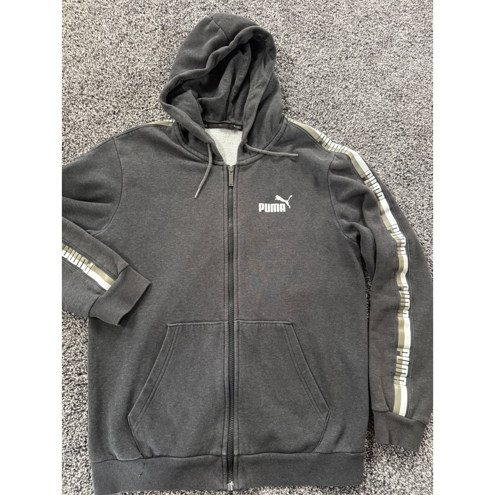 Puma Mens Full Zip Hoodie Gray Logo Tape Sleeve Sweatshirt Charcoal Small